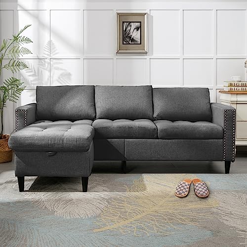 Dark Grey Linen L-Shaped Sectional Sofa with Ottoman