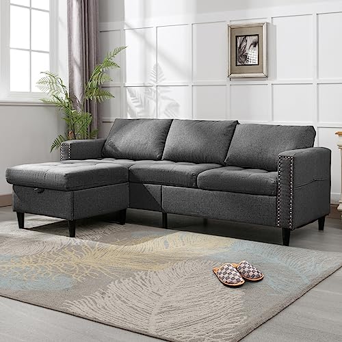 Dark Grey Linen L-Shaped Sectional Sofa with Ottoman