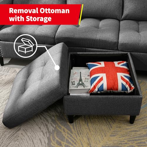 Dark Grey Linen L-Shaped Sectional Sofa with Ottoman