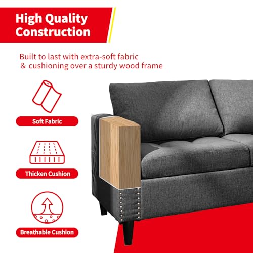 Dark Grey Linen L-Shaped Sectional Sofa with Ottoman