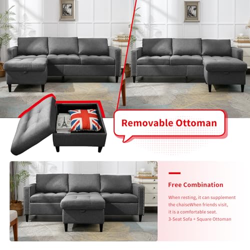 Dark Grey Linen L-Shaped Sectional Sofa with Ottoman