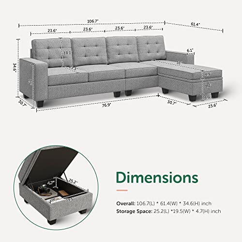 Light Grey Reversible L-Shaped Sectional Sofa with Ottoman