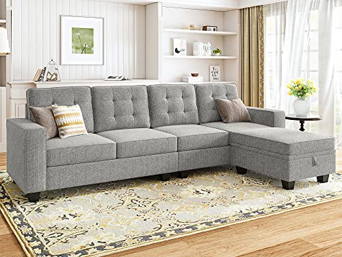 Light Grey Reversible L-Shaped Sectional Sofa with Ottoman