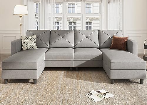 Light Grey U-Shaped Sectional Sofa with Ottomans