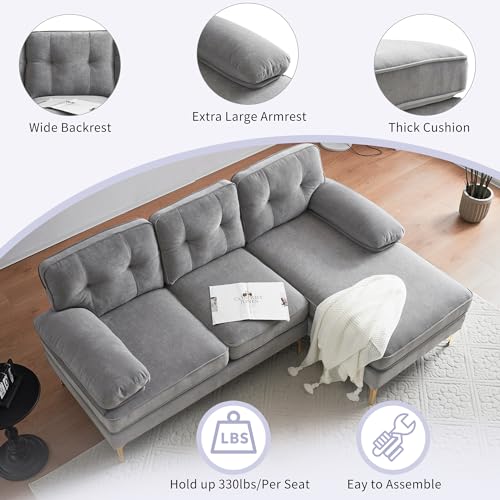 Light Grey Velvet L-Shaped Sectional Sofa