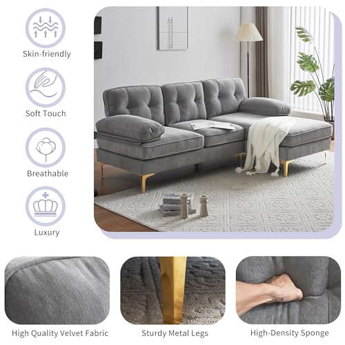 Light Grey Velvet L-Shaped Sectional Sofa