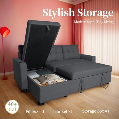 L-Shaped Sectional Sofa with Pull-Out Bed & Storage