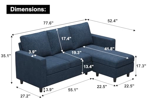 Navy Blue L-Shaped Convertible Sectional Sofa