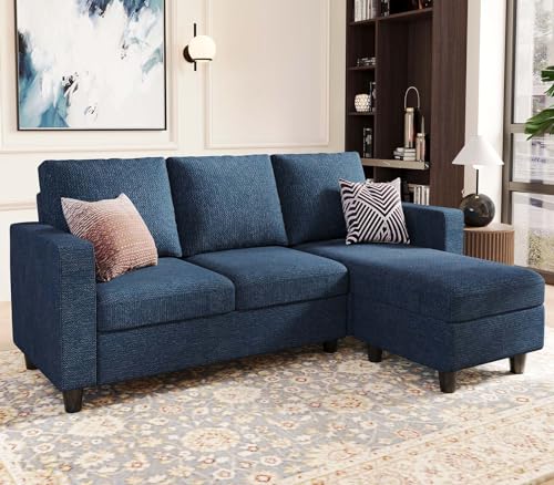 Navy Blue L-Shaped Convertible Sectional Sofa