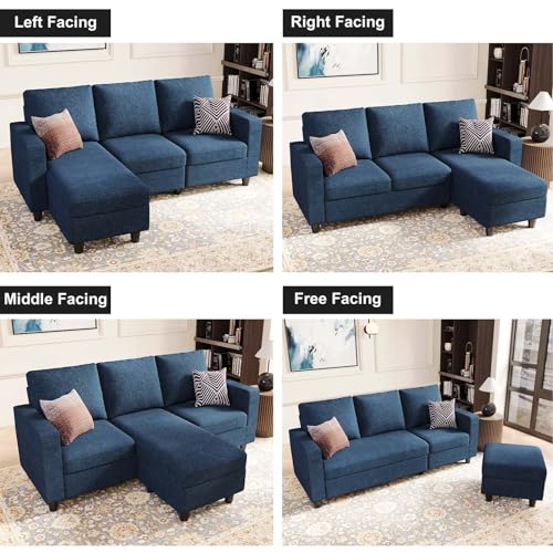 Navy Blue L-Shaped Convertible Sectional Sofa