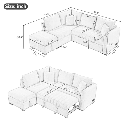 LUMISOL 82.6" Gray Sleeper Sofa with Ottoman