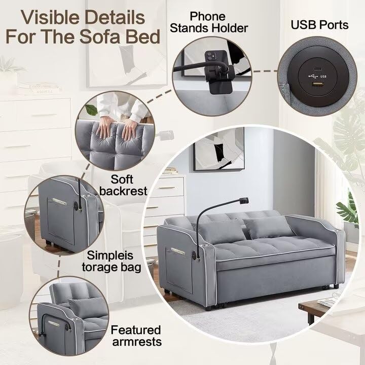3-in-1 Convertible Velvet Sleeper Sofa with USB