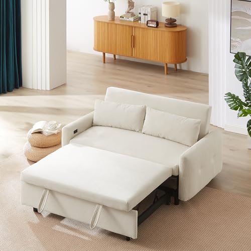 Beige Memory Foam Convertible Loveseat with USB Ports