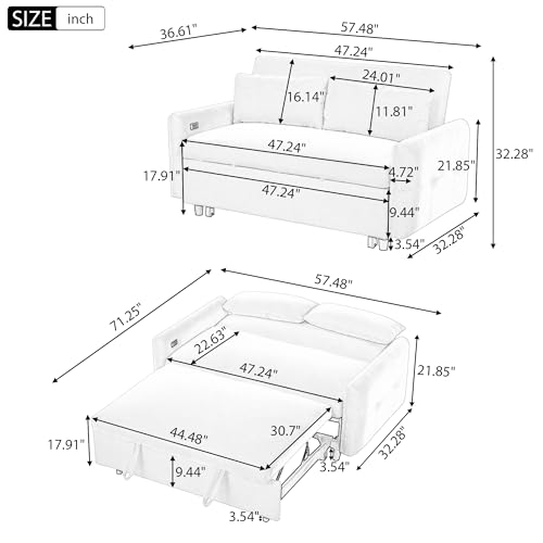 Beige Memory Foam Convertible Loveseat with USB Ports