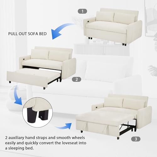 Beige Memory Foam Convertible Loveseat with USB Ports