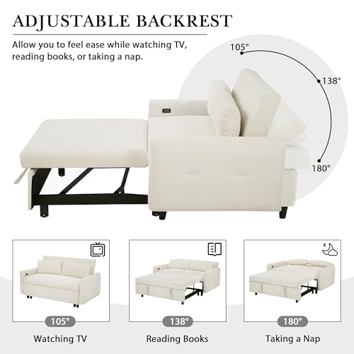 Beige Memory Foam Convertible Loveseat with USB Ports