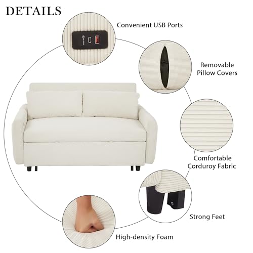 Beige Memory Foam Convertible Loveseat with USB Ports