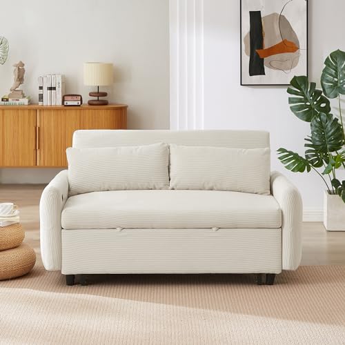 Beige Memory Foam Convertible Loveseat with USB Ports