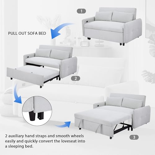 Light Blue Convertible Sofa Bed with USB Ports