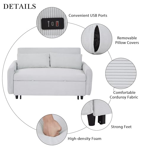 Light Blue Convertible Sofa Bed with USB Ports