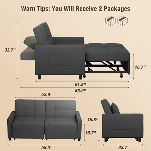 Convertible 3-in-1 Sleeper Sofa Bed, Dark Gray