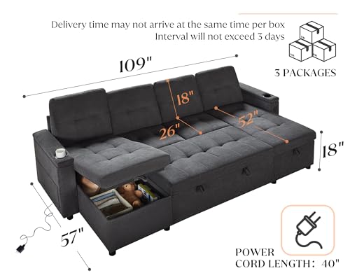 VanAcc 109" U-Shaped Sleeper Sofa with USB & Storage