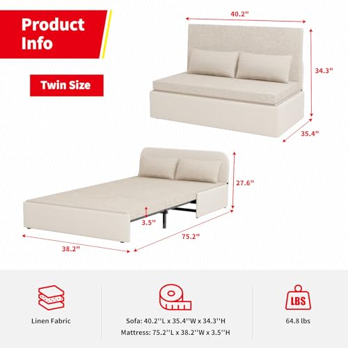Beige Twin Size Convertible Sleeper Sofa Bed