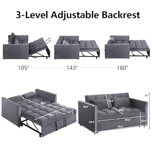 3-in-1 Loveseat Sleeper Sofa in Velvet Fabric Gray