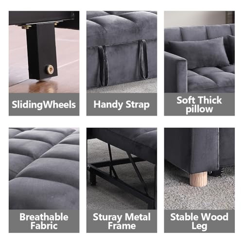 3-in-1 Loveseat Sleeper Sofa in Velvet Fabric Gray