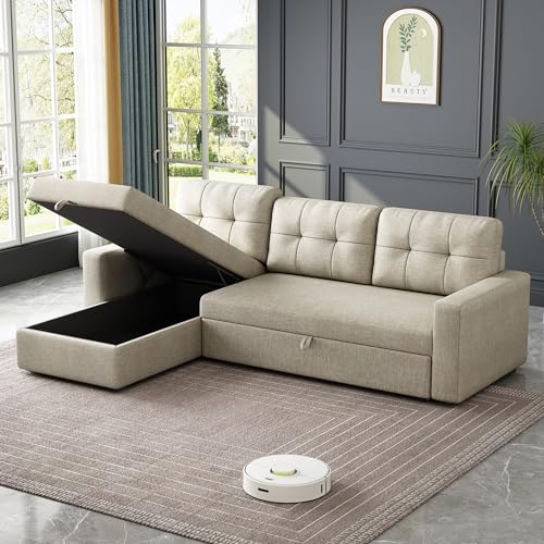 Beige L-Shaped Sectional Sofa with Storage & Sleeper