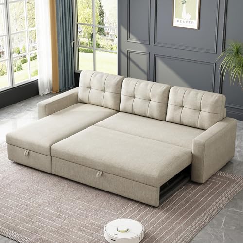 Beige L-Shaped Sectional Sofa with Storage & Sleeper