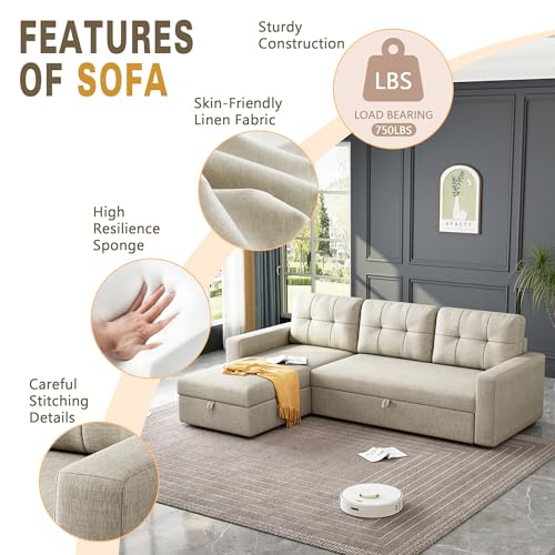 Beige L-Shaped Sectional Sofa with Storage & Sleeper