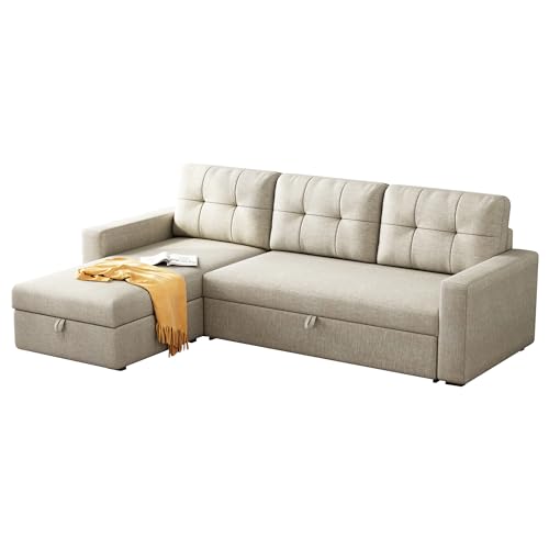 Beige L-Shaped Sectional Sofa with Storage & Sleeper