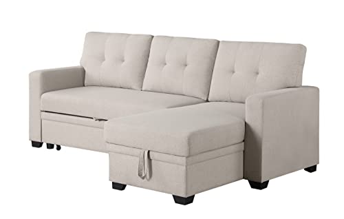 Beige L-Shaped Sectional Sofa with Sleeper Bed