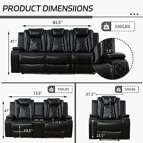 Black Leather Power Recliner Sofa Set with USB