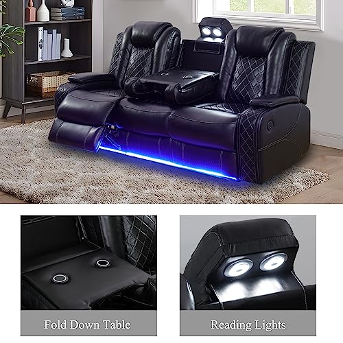 Black Leather Power Recliner Sofa Set with USB