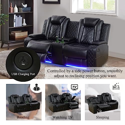 Black Leather Power Recliner Sofa Set with USB