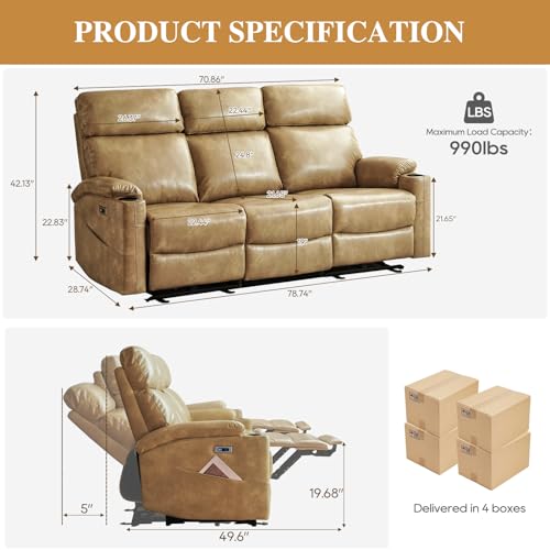 Power Reclining 3-Seater Sofa with Cup Holders
