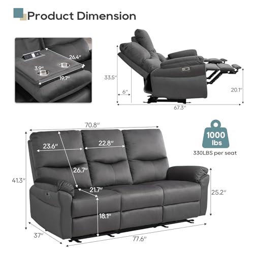 Modern Power Reclining Sofa with USB & Cup Holders