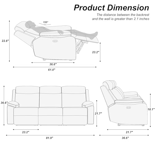 Light Gray 3-Seater Power Recliner Sofa