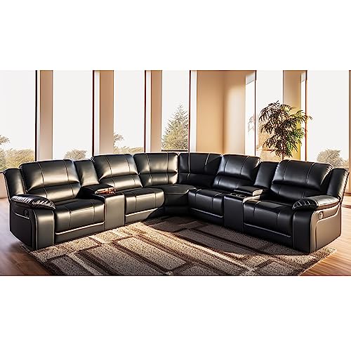 Black Leather Modular Sofa with Recliner and Console