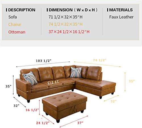 Ainehome Leather L-Shaped Sectional Sofa Set