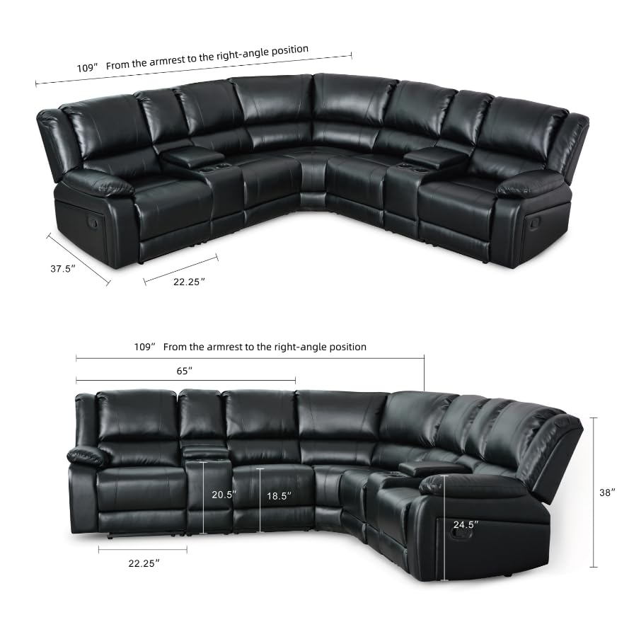 Black Leather Modular Sofa with Recliner and Console