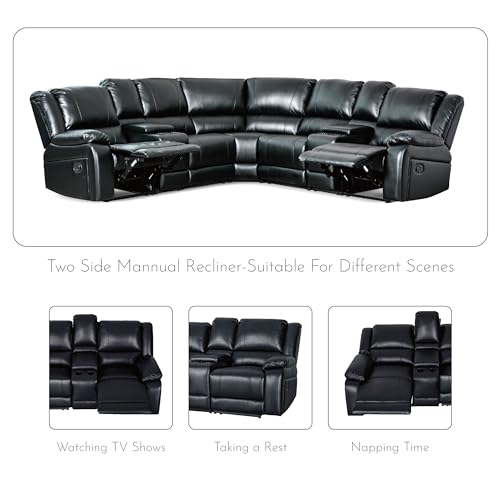 Black Leather Modular Sofa with Recliner and Console