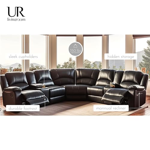 Black Leather Modular Sofa with Recliner and Console