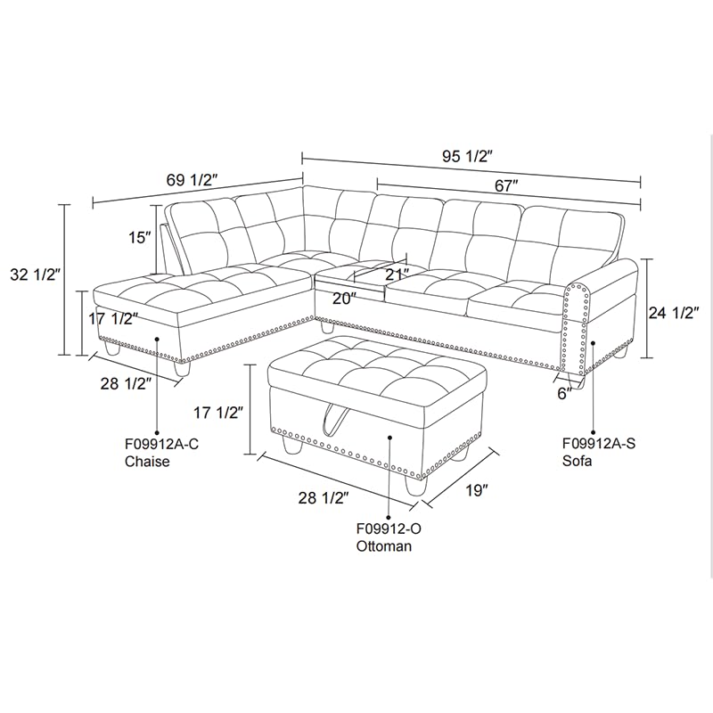 Black Faux Leather L-Shaped Sectional Sofa Set