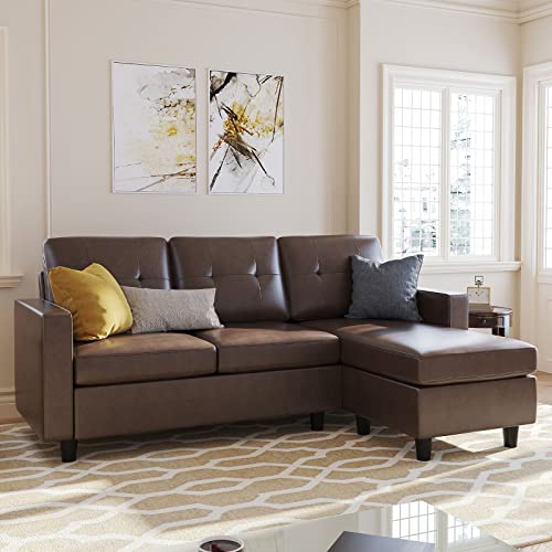 HONBAY Brown Faux Leather L-Shaped Sectional Sofa