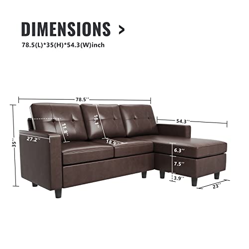 HONBAY Brown Faux Leather L-Shaped Sectional Sofa