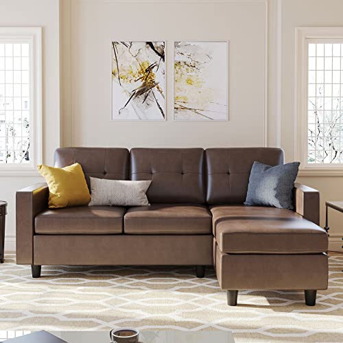 HONBAY Brown Faux Leather L-Shaped Sectional Sofa