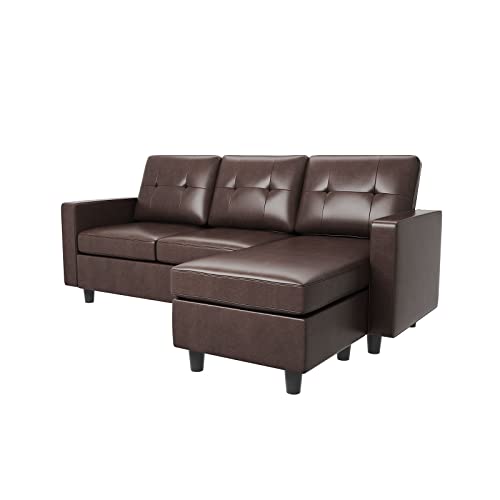 HONBAY Brown Faux Leather L-Shaped Sectional Sofa